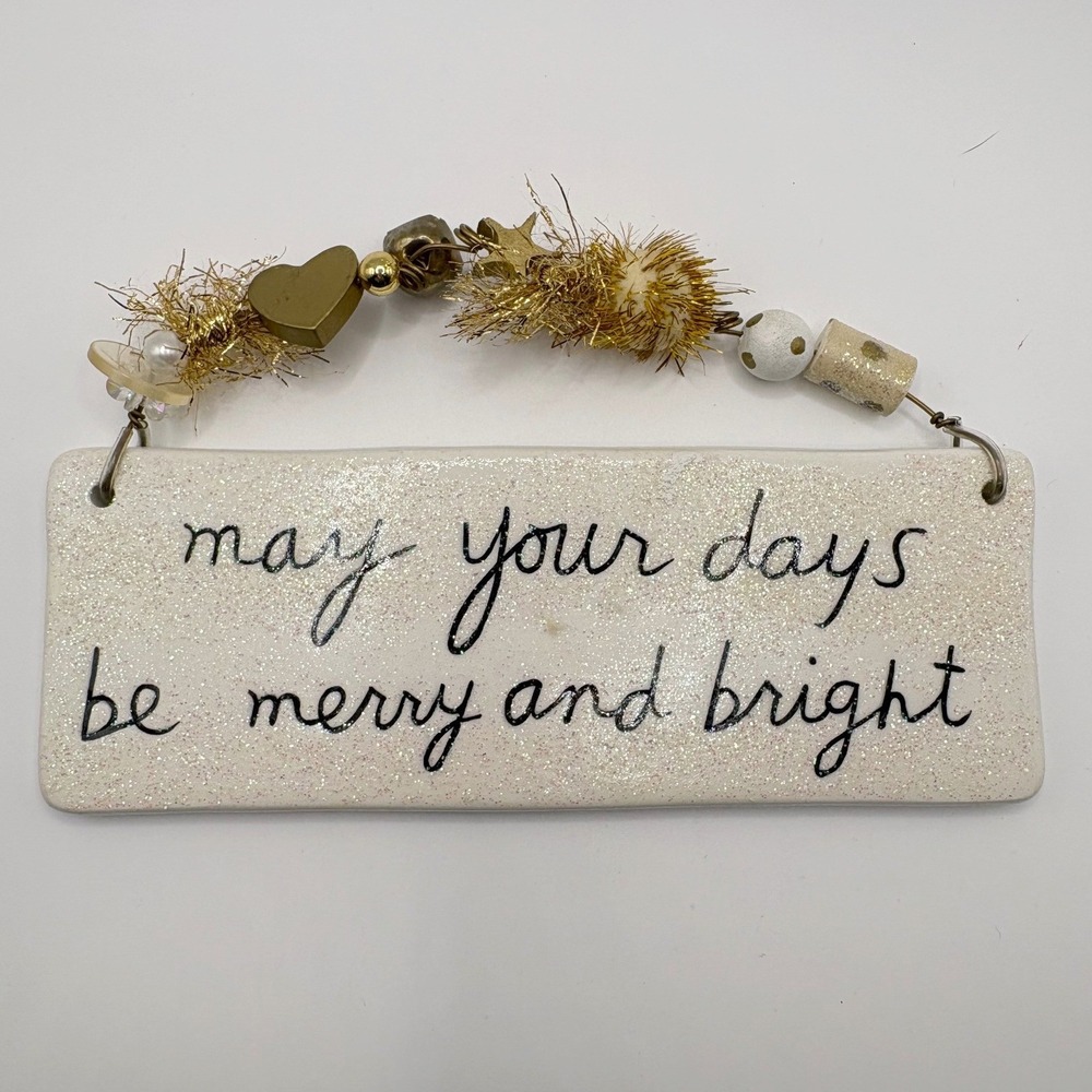 Sandra Magsamen Silvestri Chrsitmas Plaque Merry & Bright Gold Beaded Hanger VTG